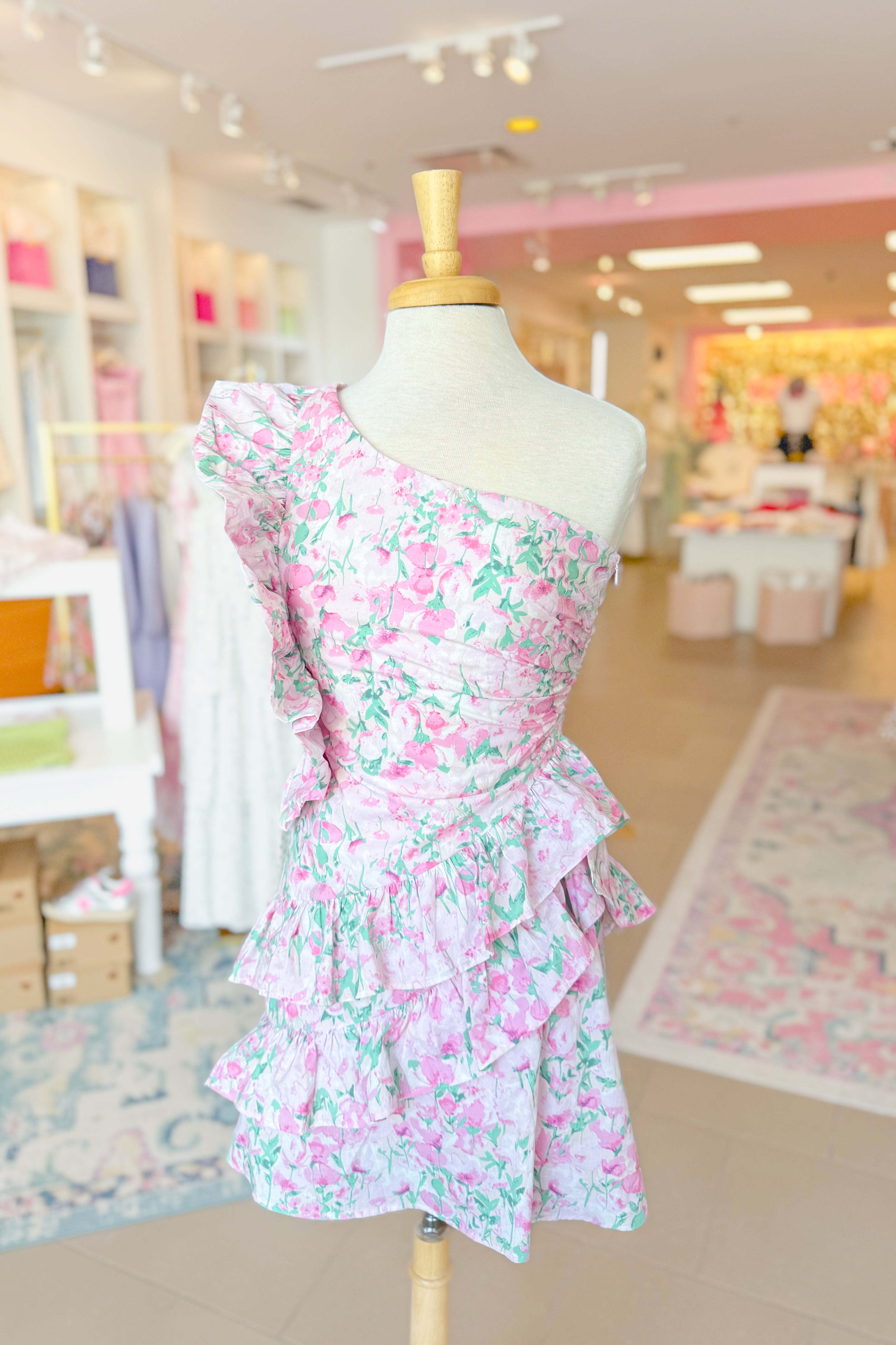 Pink Floral One Shoulder Mini Dress With Ruffles