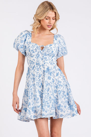 Blue and White Chinoiserie Fruit Pattern Puff Sleeve Mini Dress