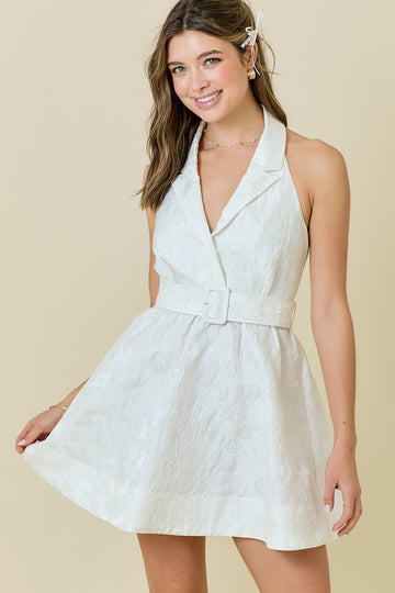 White Jacquard Floral Belted Halter Mini Dress