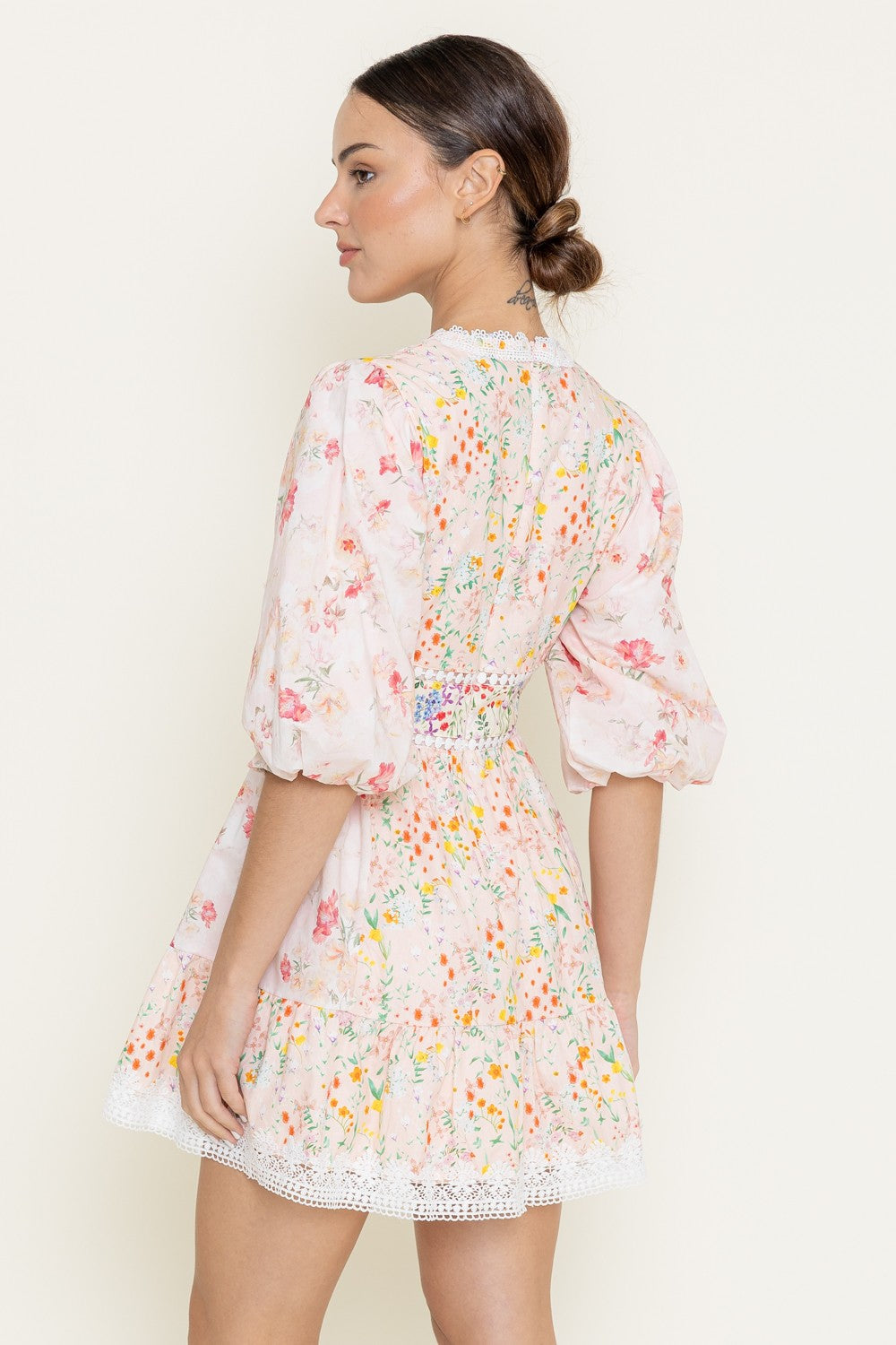 Pink Floral Print Crochet Hem Mini Dress