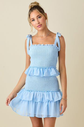 Sky Blue Smocked Ruffle Tie Strap Mini Dress