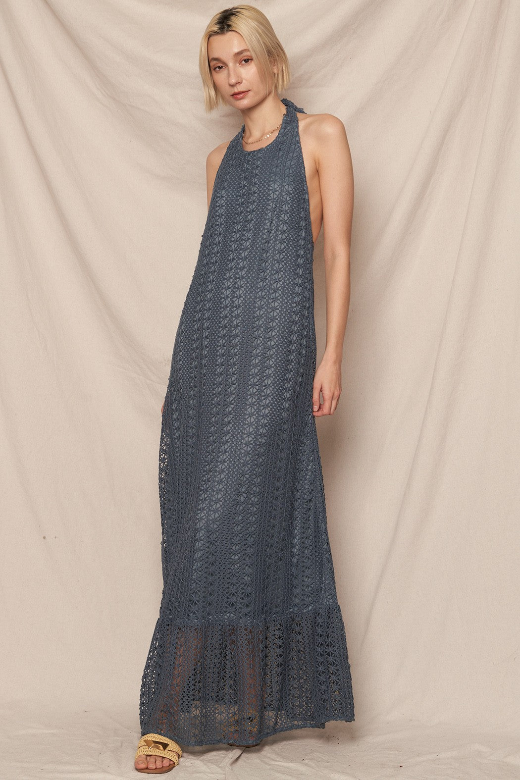 Navy Blue Crochet Halter Neck Maxi Dress