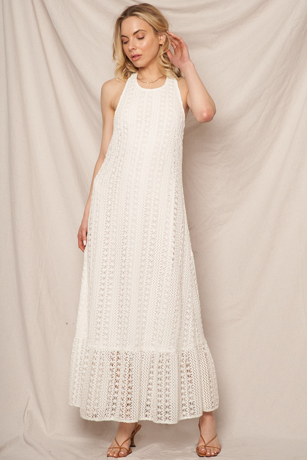 White Crochet Halter Neck Maxi Dress