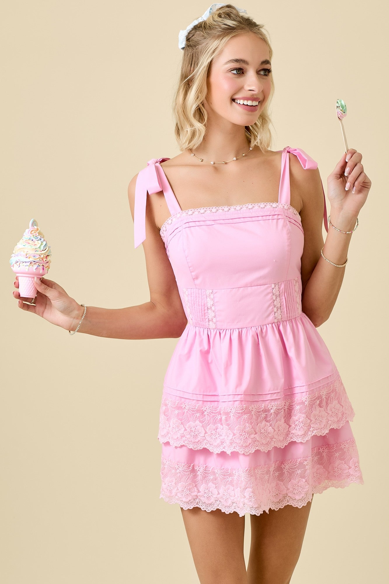 Pink Shoulder Tie Mini Dress With Tiered Ruffles