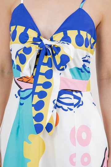 Blue Multi Color Front Tie Maxi Dress