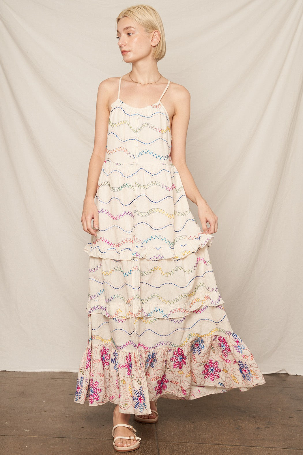 Multicolor Embroidered Multi Tiered Maxi Dress