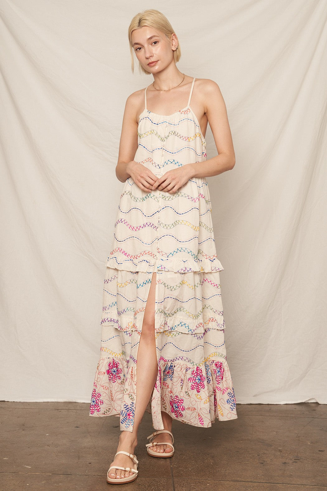 Multicolor Embroidered Multi Tiered Maxi Dress