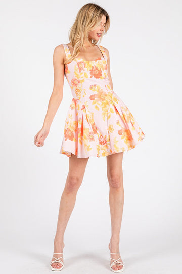 Pink and Orange Floral Bustier Mini Dress