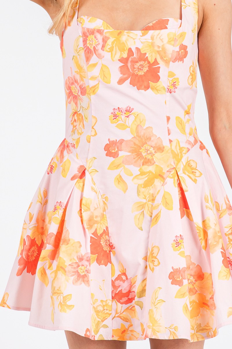 Pink and Orange Floral Bustier Mini Dress