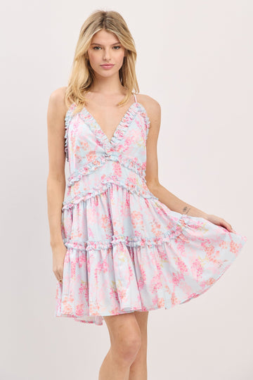 Blue Floral Ruffle Detail Mini Dress
