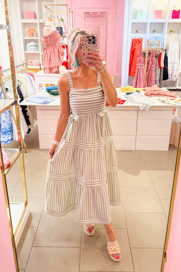 Olive Green Striped Tie Strap Midi Dress