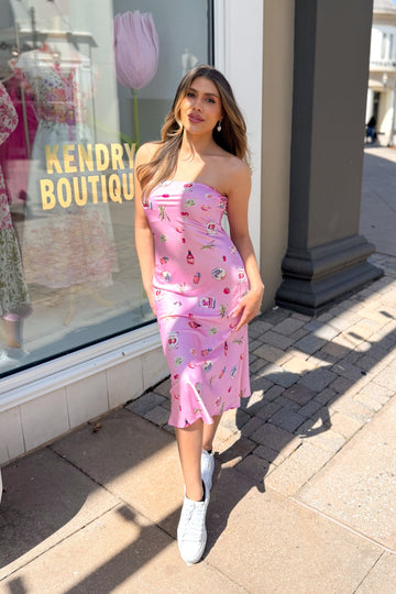 Pink Satin Produce Pattern Tube Midi Dress