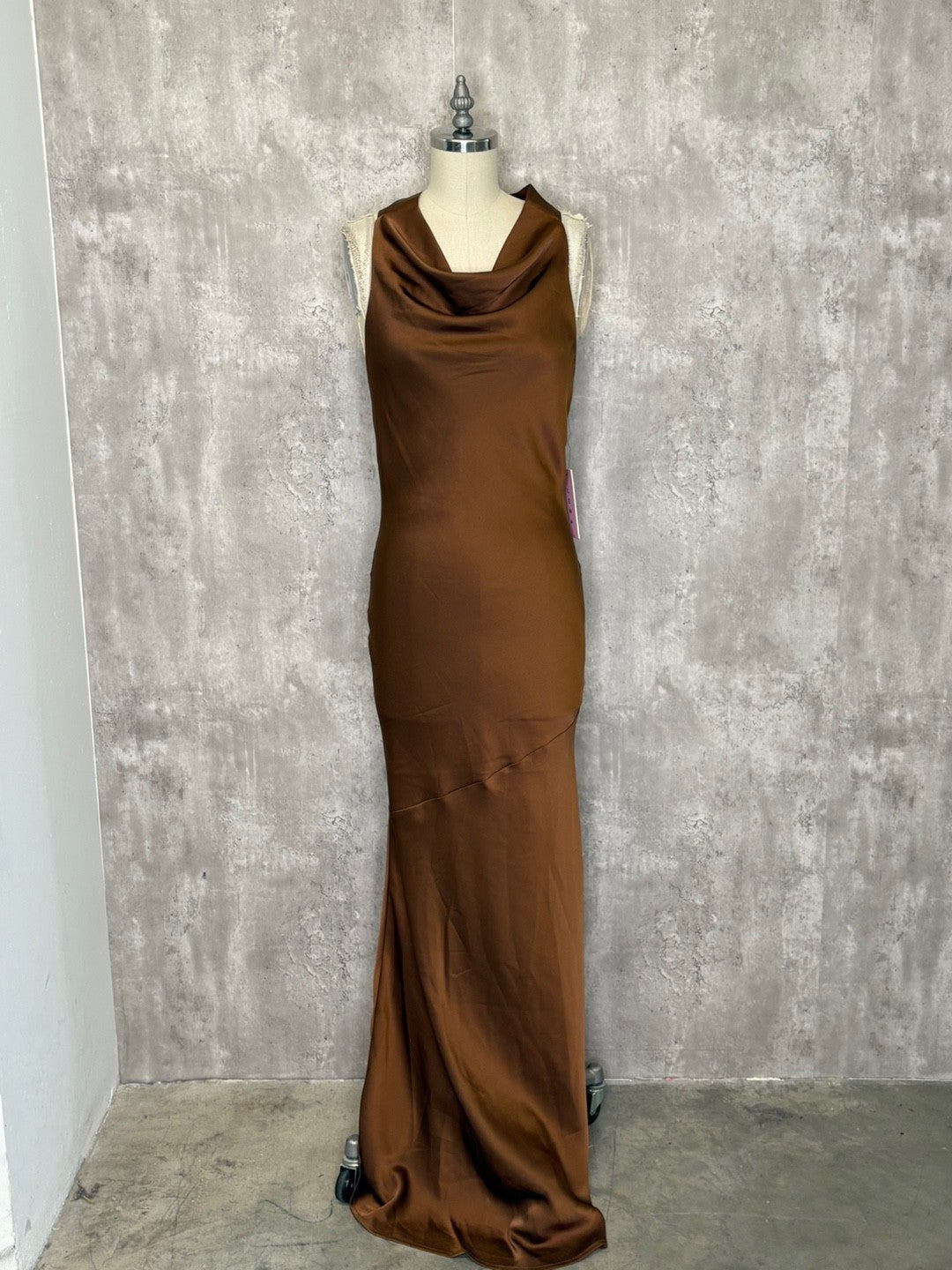 Chocolate Brown Satin Cowl Neck Maxi Dress