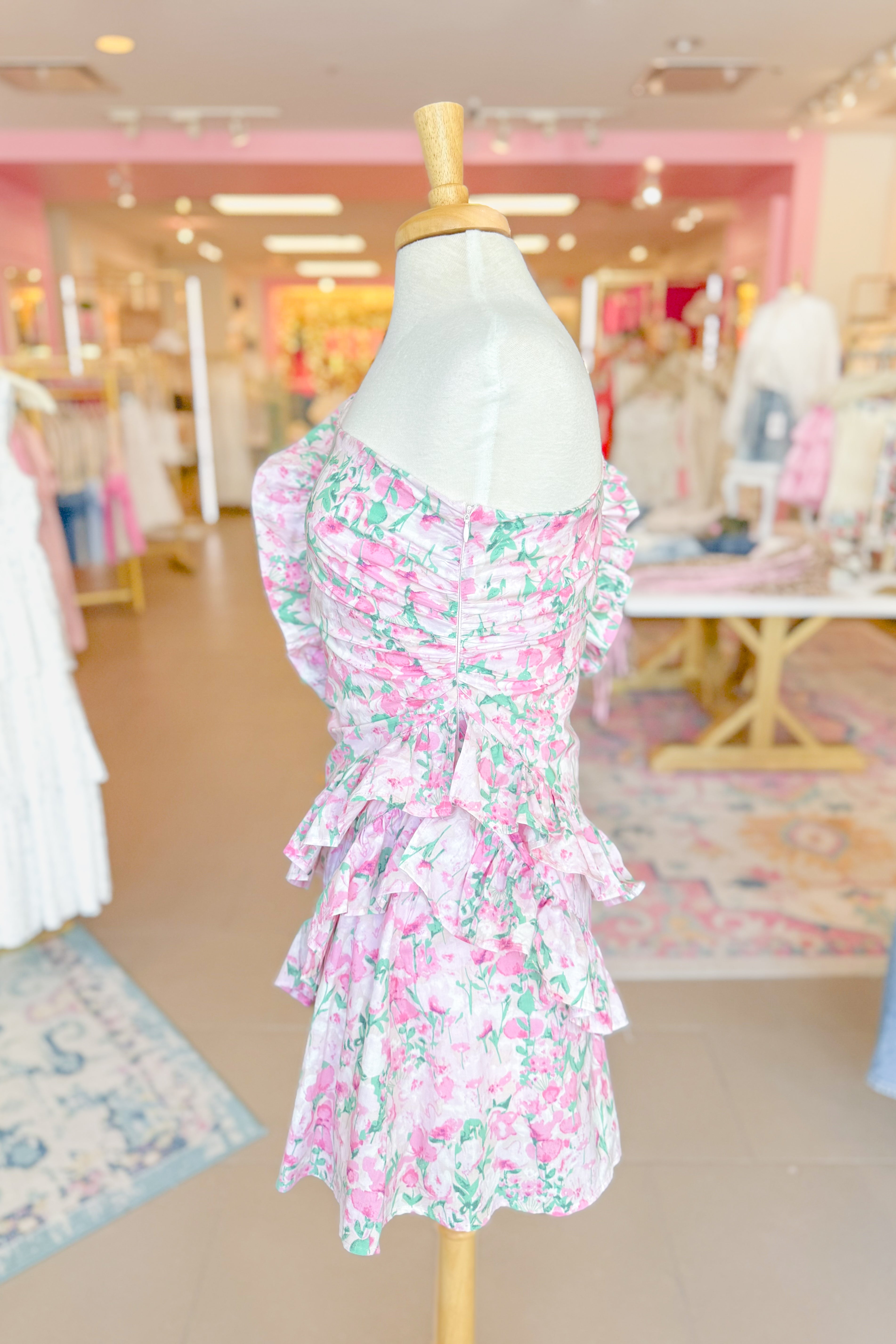 Pink Floral One Shoulder Mini Dress With Ruffles