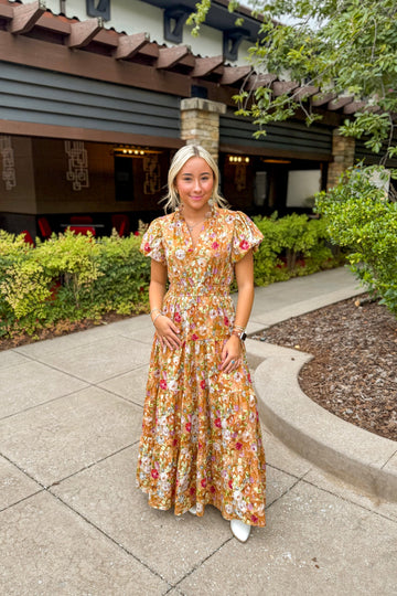 Tan Multi Color Floral Puff Sleeve Maxi Dress