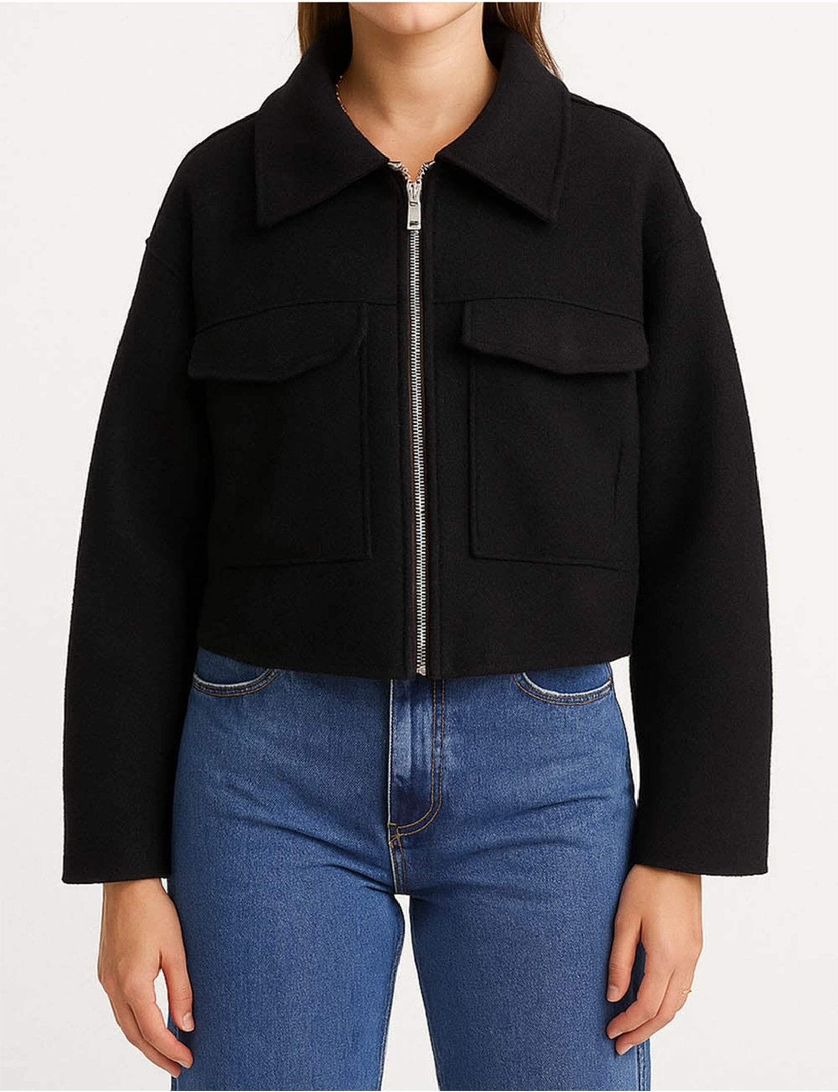 Cropped Wool Blend Jacket, Black