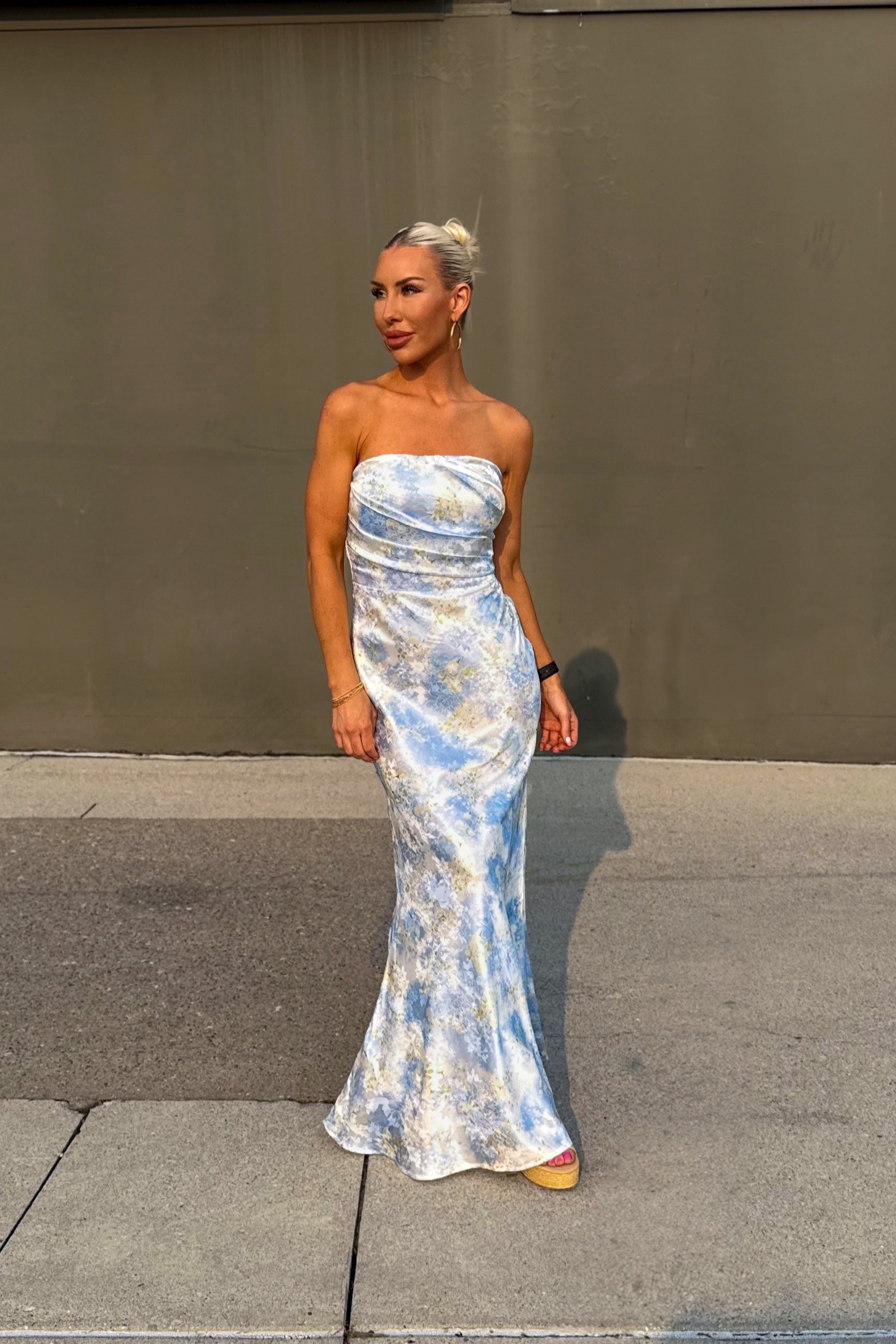 Blue Floral Print Mermaid Maxi Dress