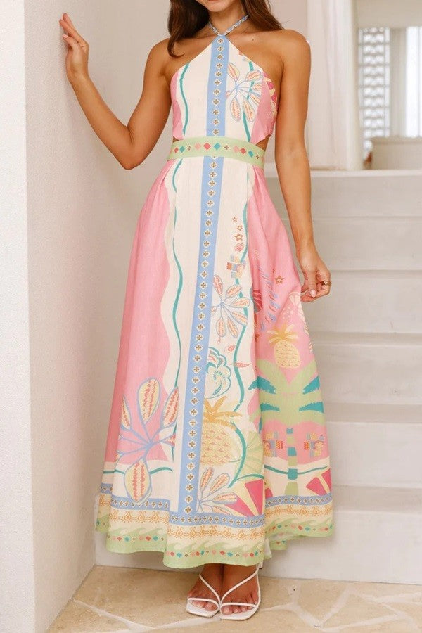 Pink Resort Print Halter Neck Maxi Dress