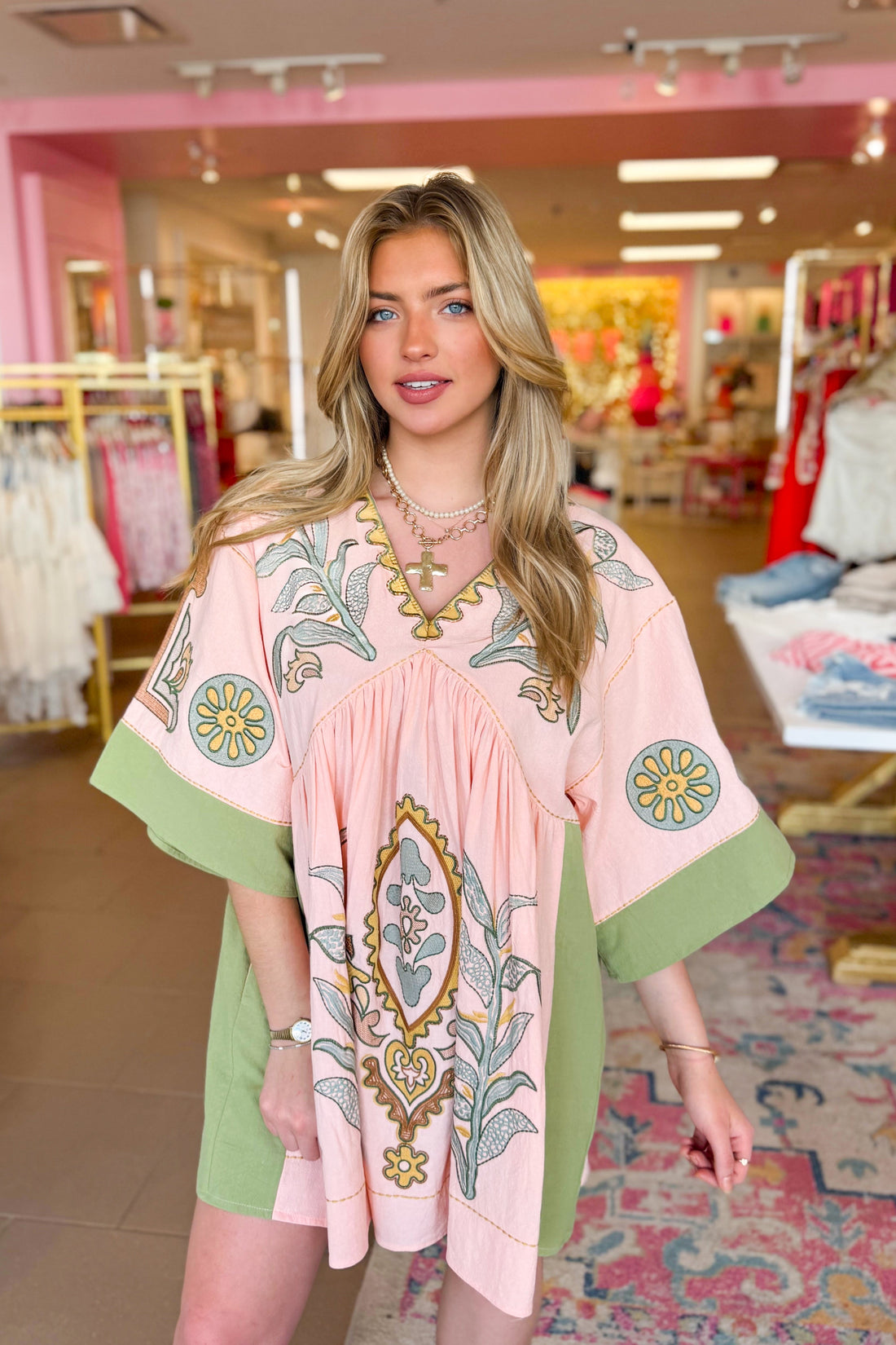 Peach and Green Floral Embroidered Mini Dress