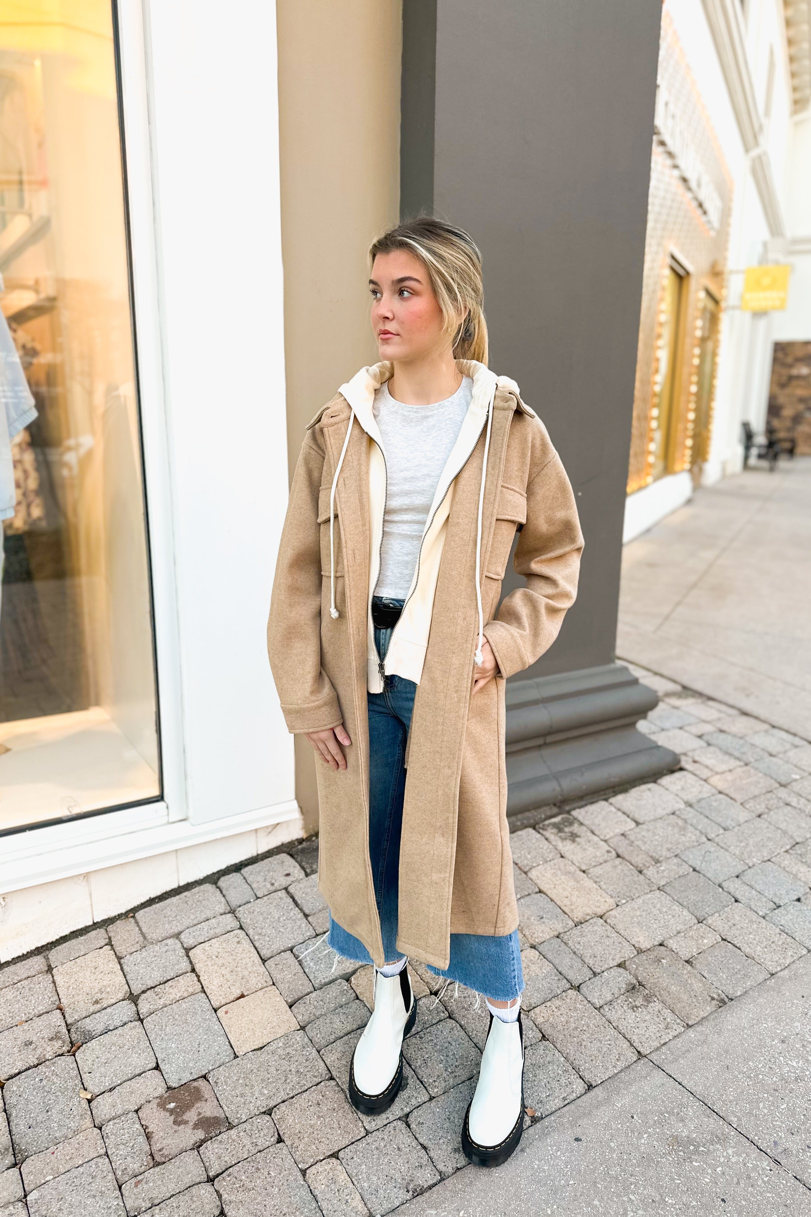 Mocha Longline Jacket With Built In Hoodie