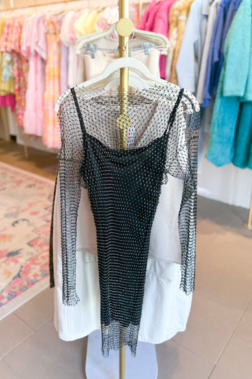 Black Mini Dress With Rhinestone Net Overlay