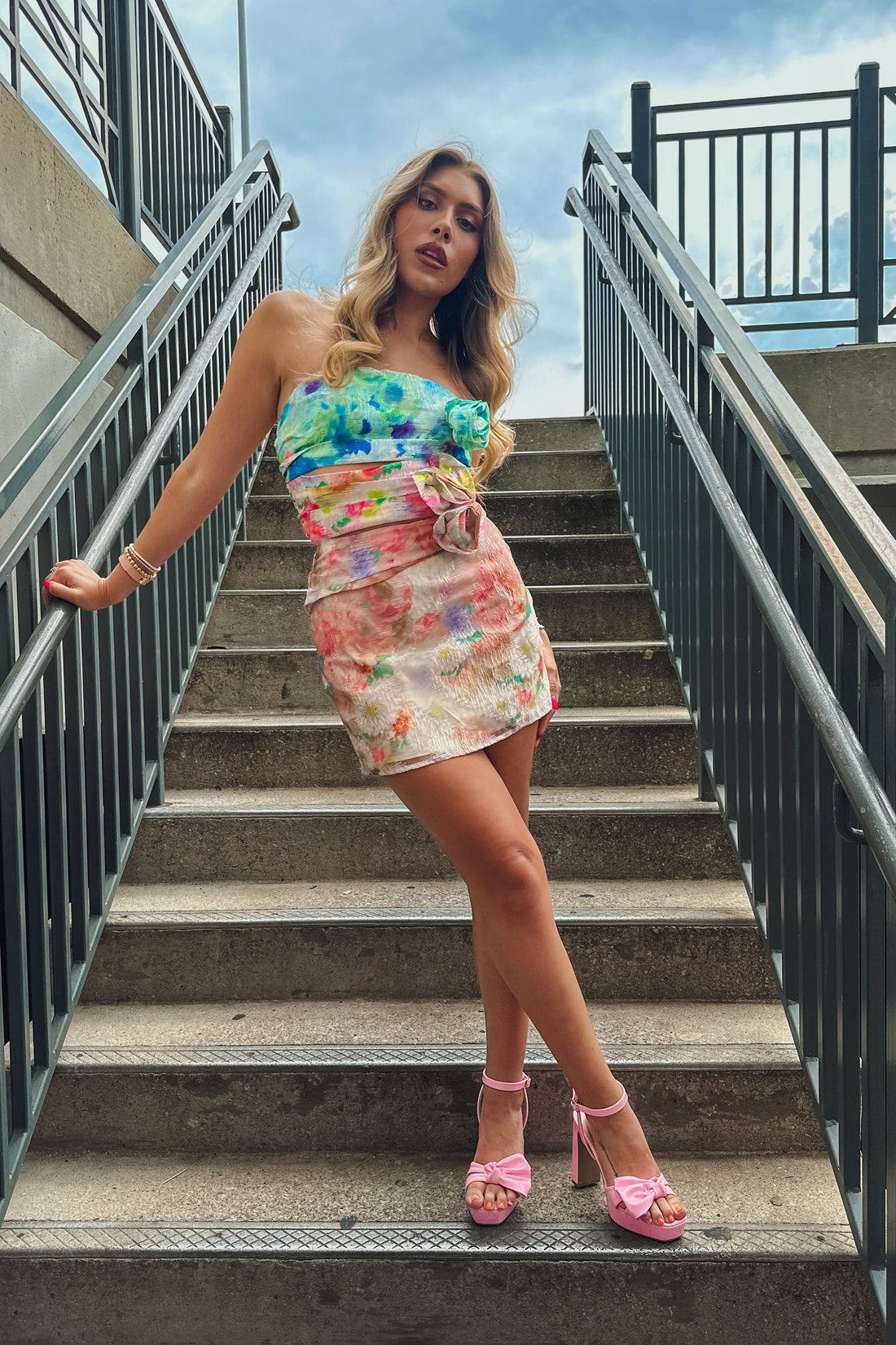 Multi Color Floral Jacquard Cut Out Rosette Mini Dress