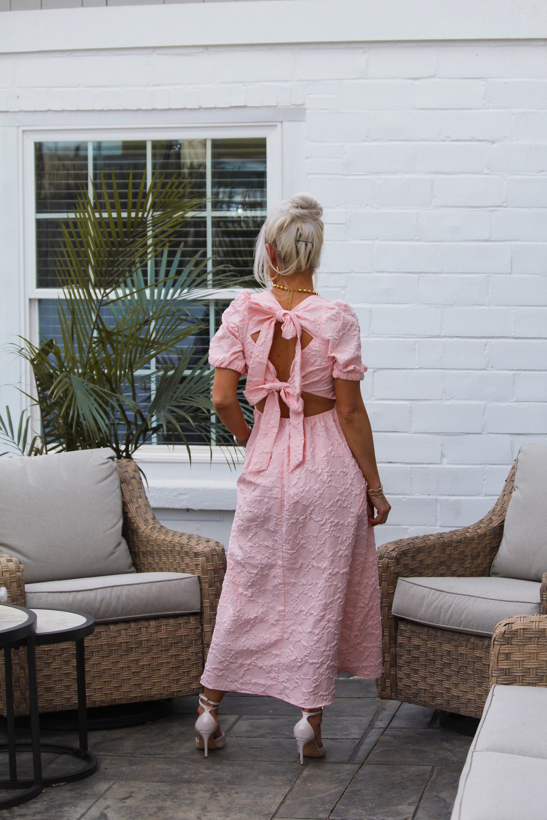 Pink Jacquard Floral Tie Back Maxi Dress