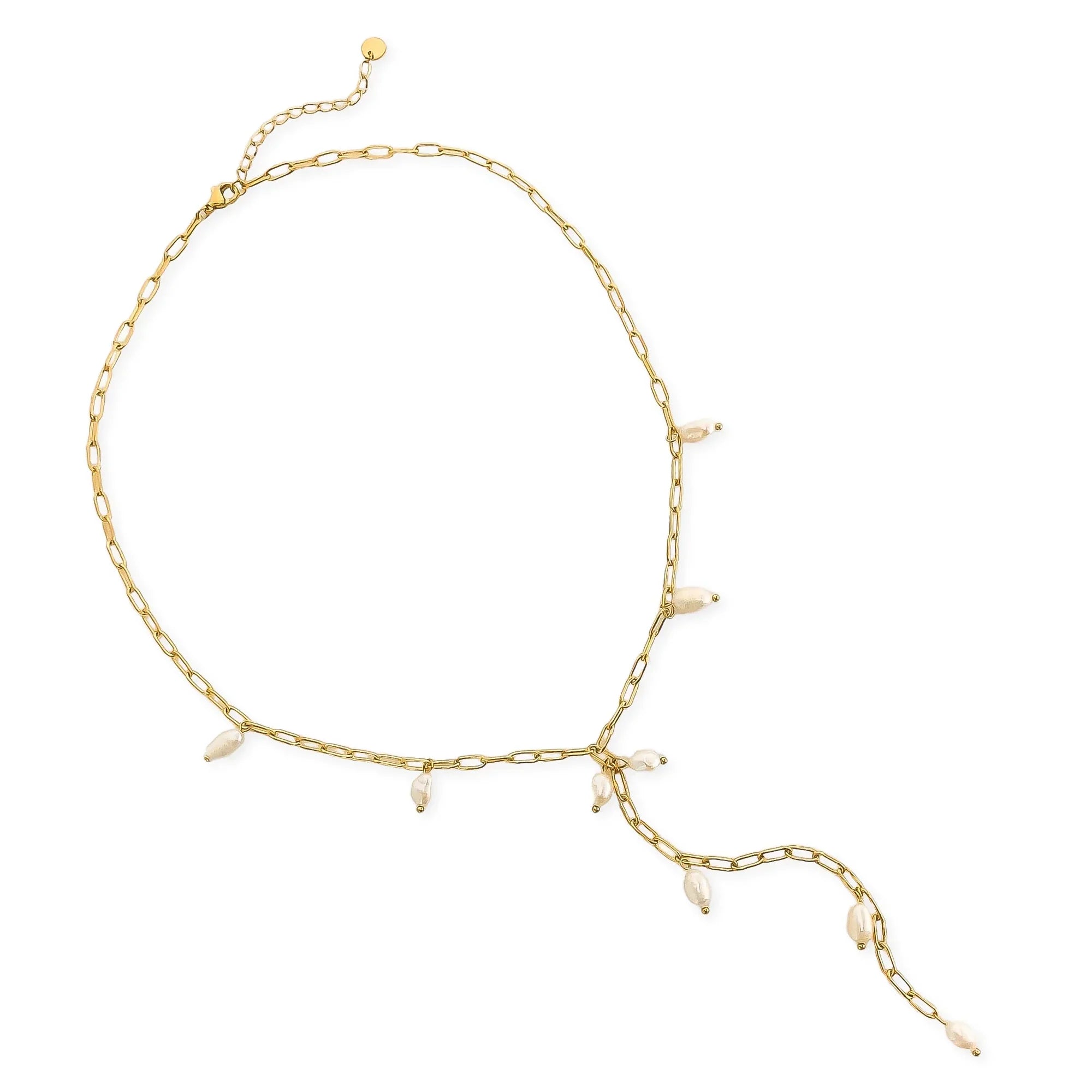 Freshwater Pearl Lariat Chain Necklace 18k Triple Gold Plated