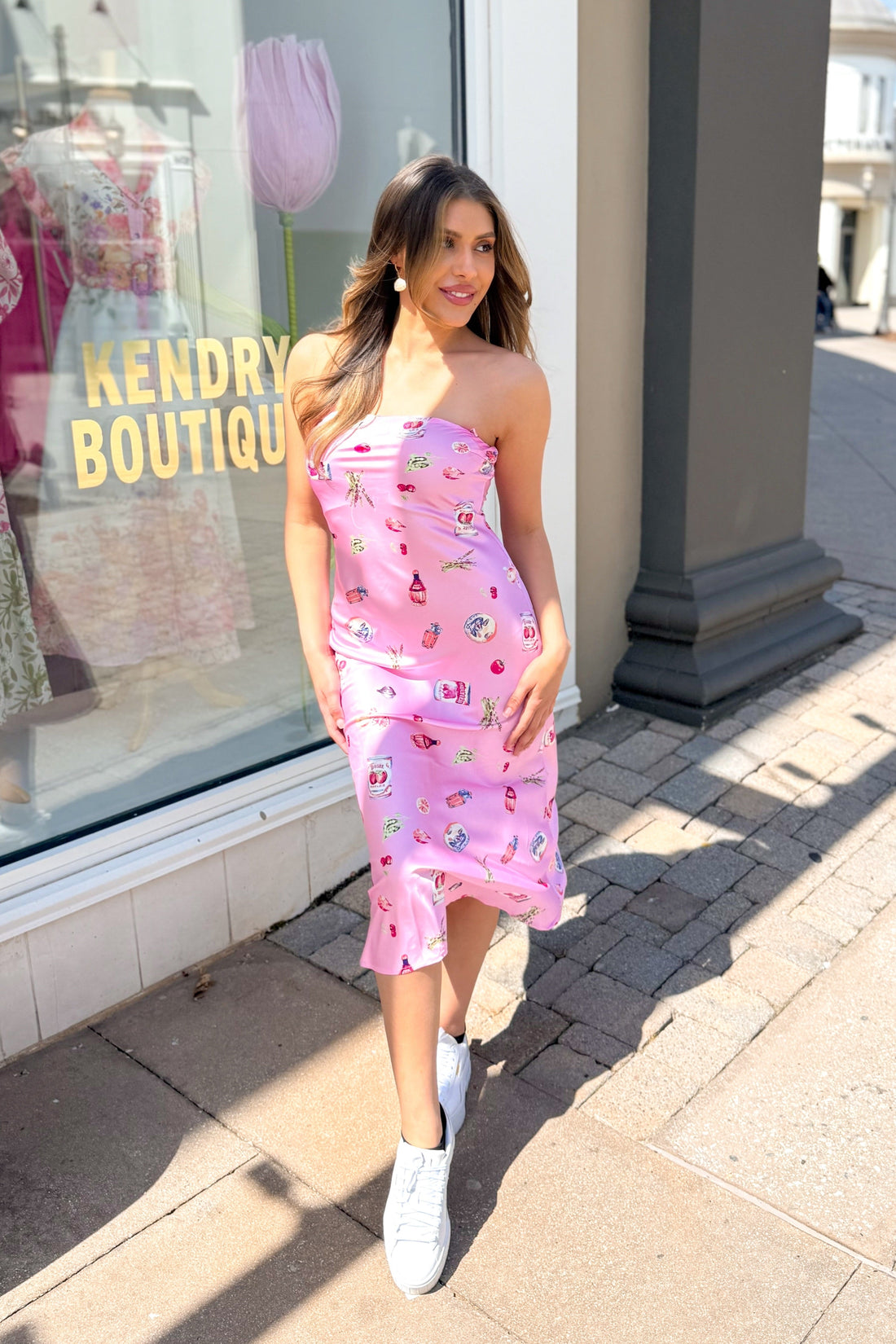Pink Satin Produce Pattern Tube Midi Dress