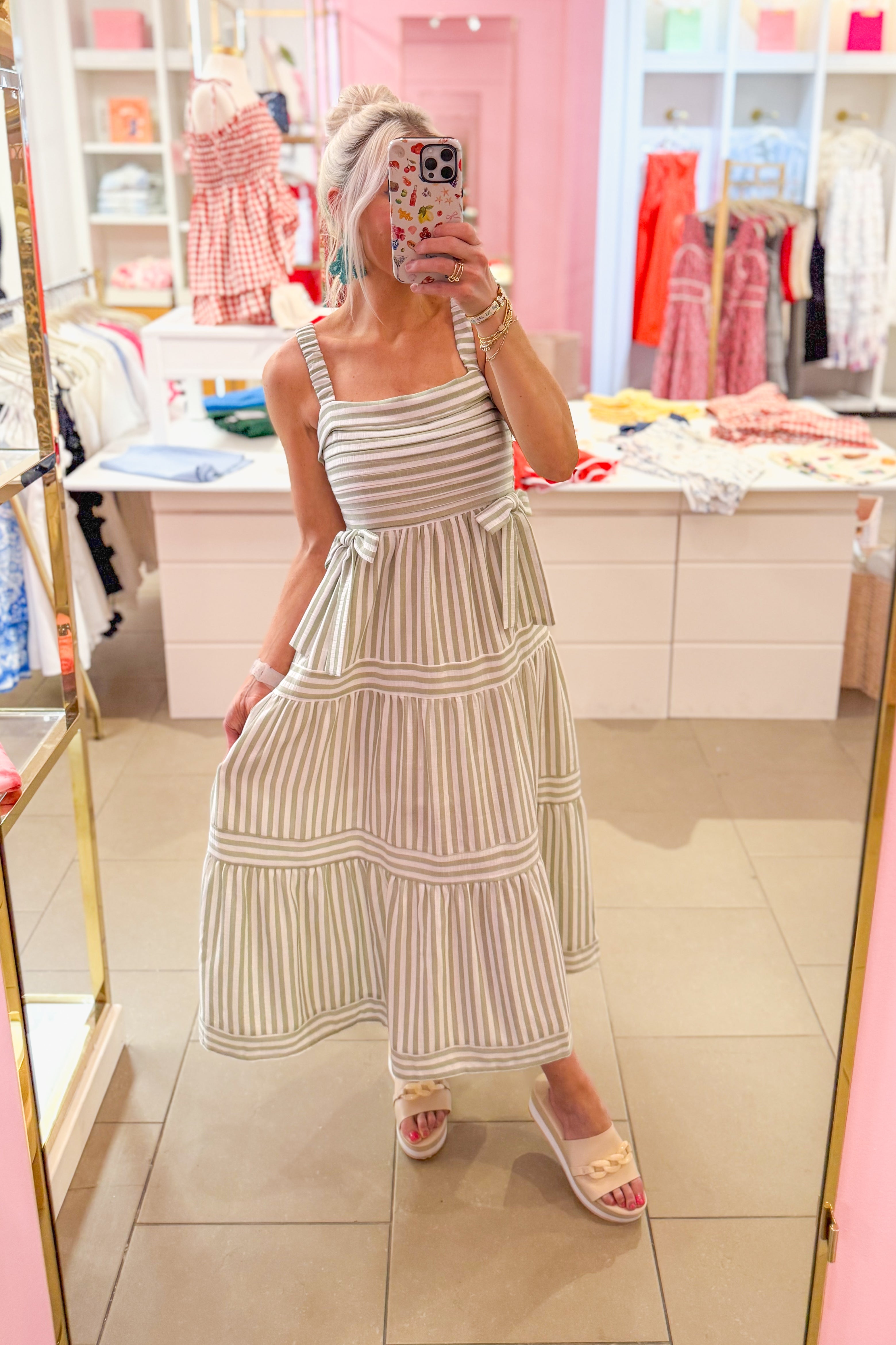 Olive Green Striped Tie Strap Midi Dress