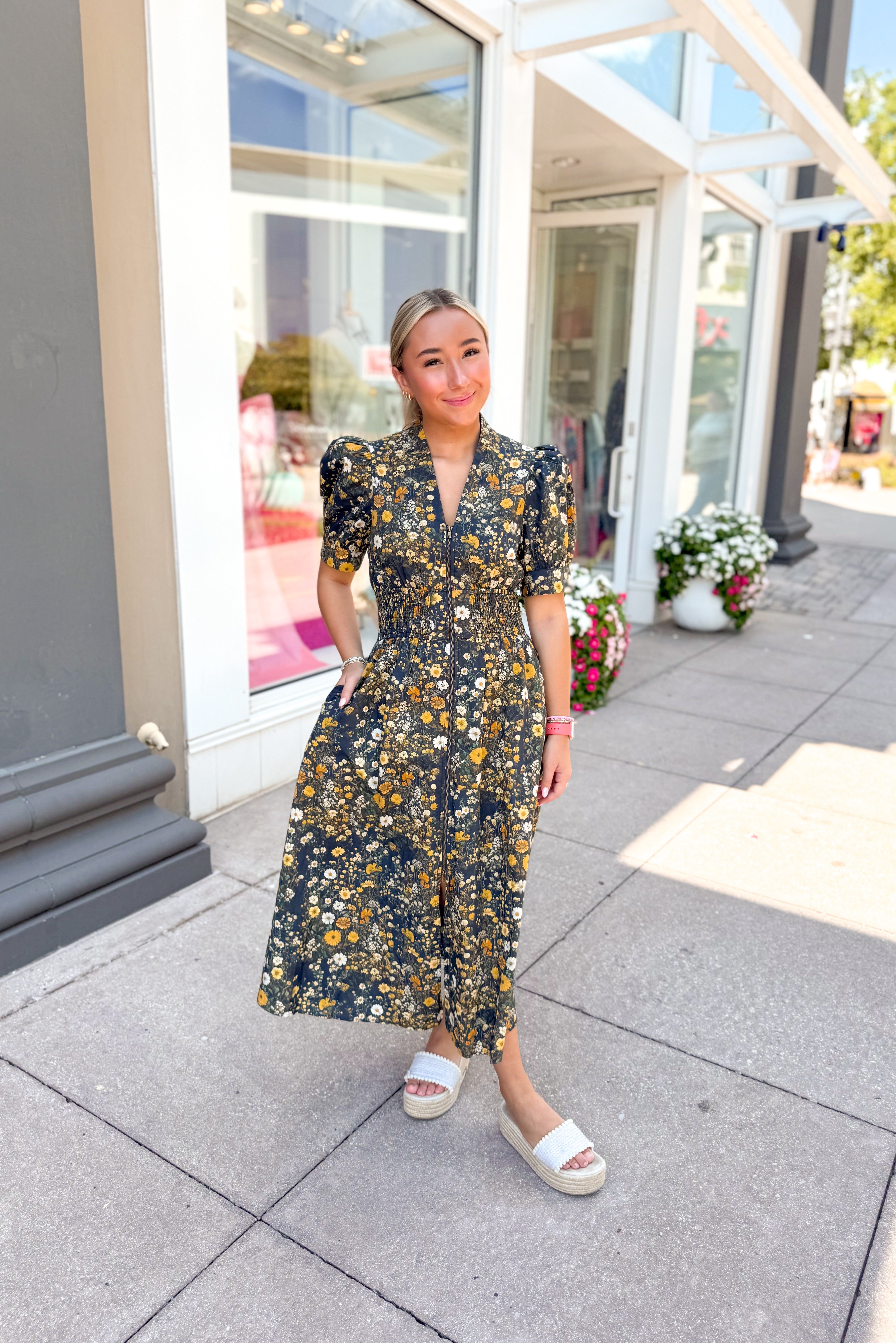 Black Floral Pattern Front Zip Midi Dress