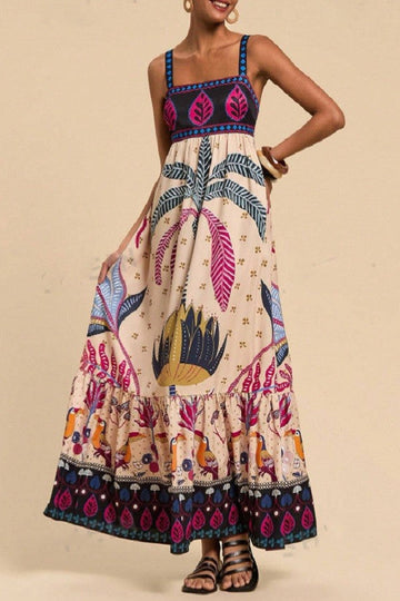 Midnight In Paradise Print Ruffle Hem Maxi Dress