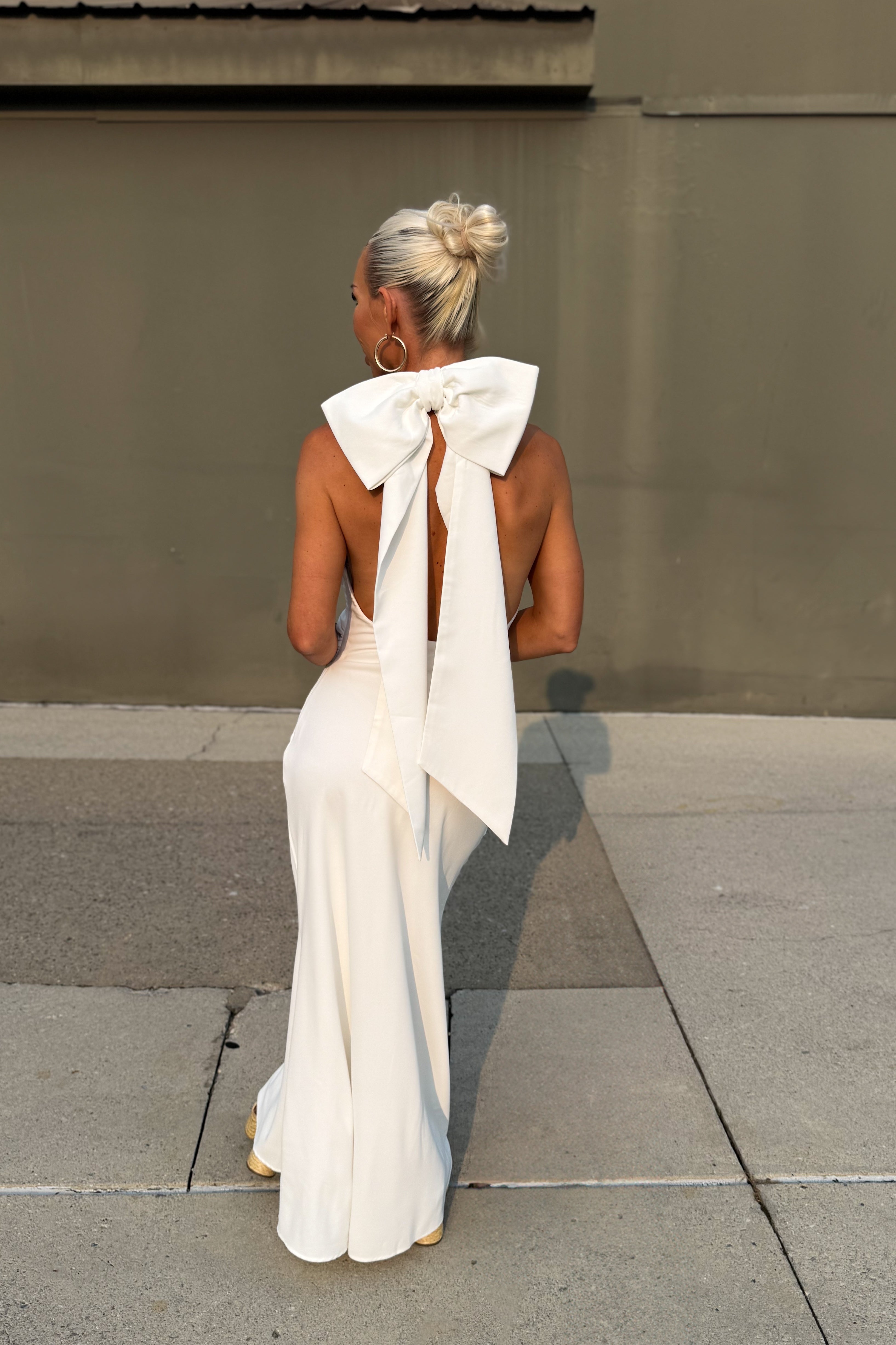 White Mock Neck Bow Detail Maxi Dress