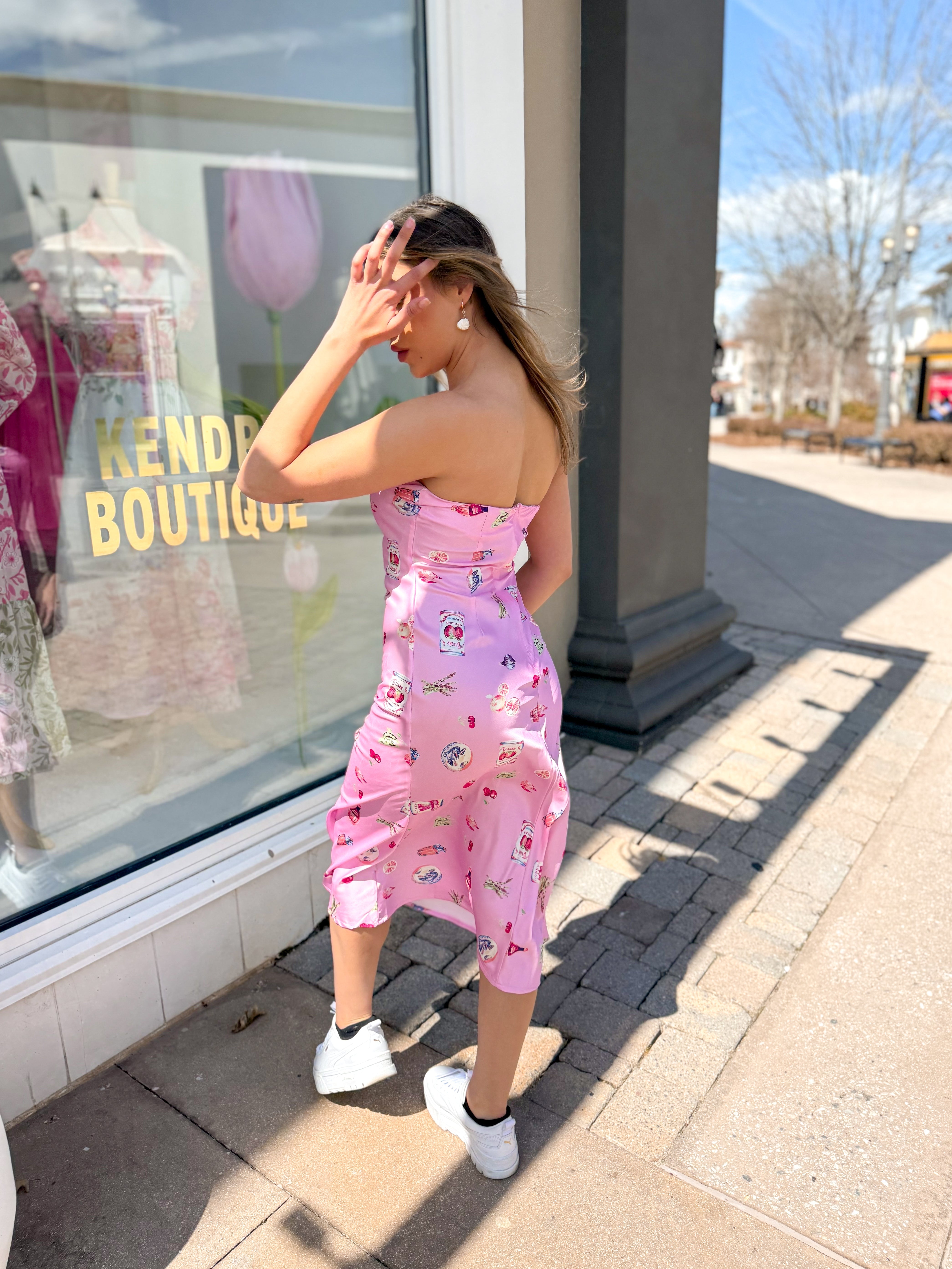 Pink Satin Produce Pattern Tube Midi Dress