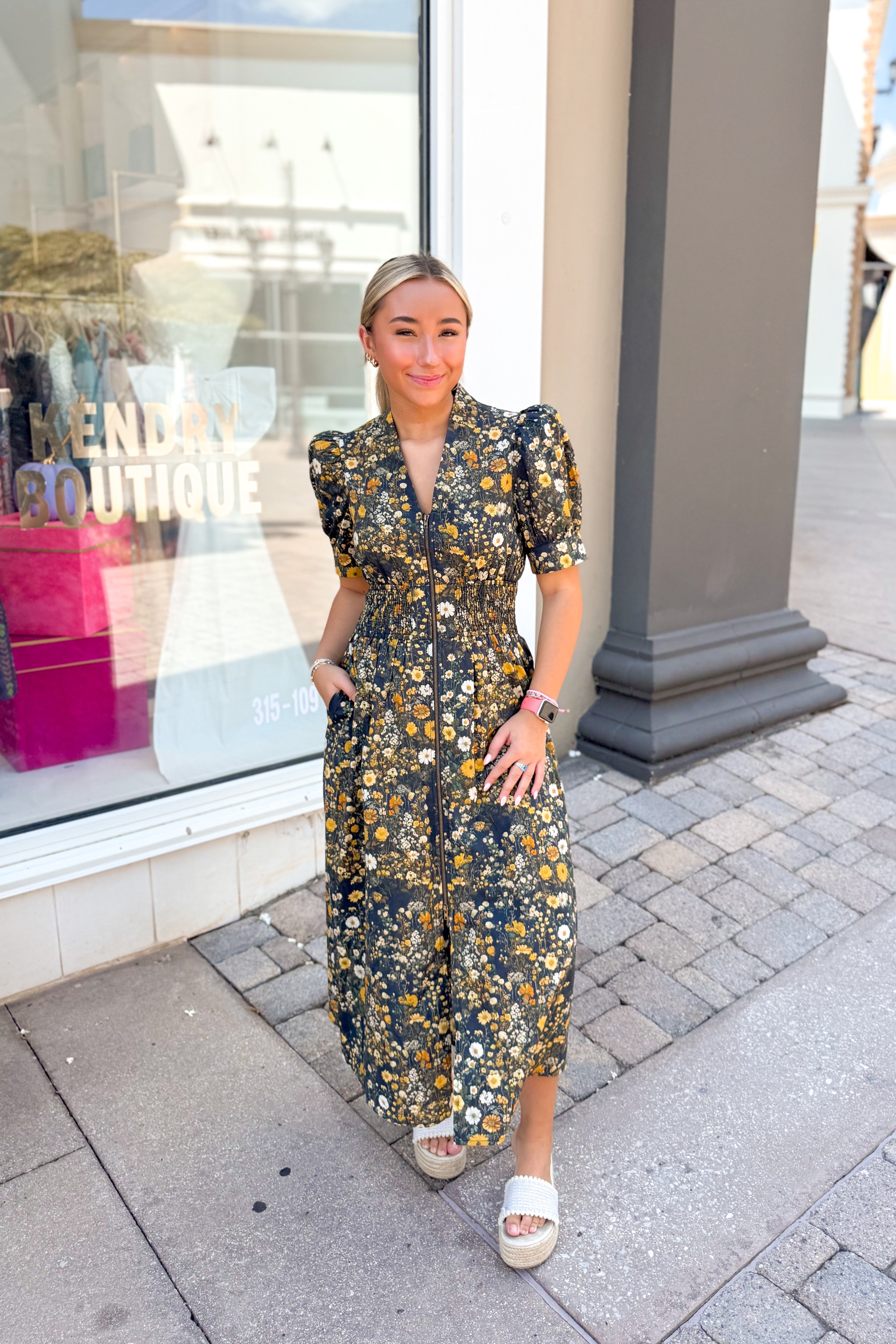 Black Floral Pattern Front Zip Midi Dress