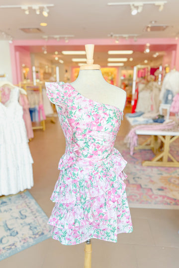Pink Floral One Shoulder Mini Dress With Ruffles