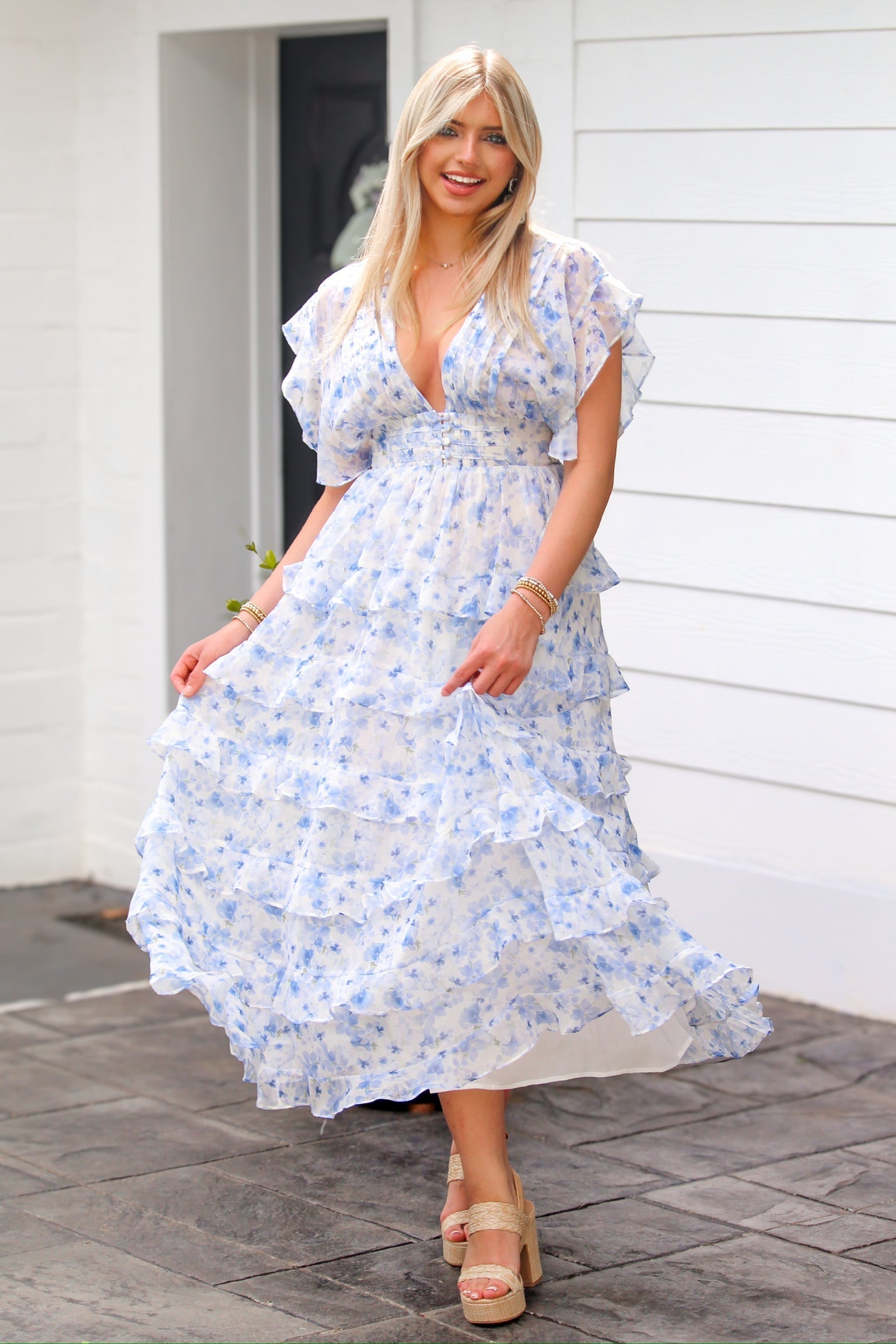 Blue and White Floral Ruffle Midi Dress