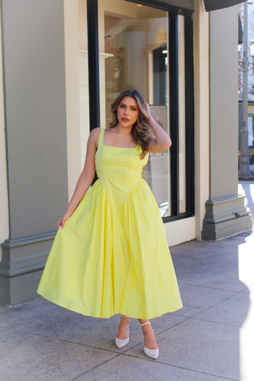 Yellow V Drop Waist Midi Dress