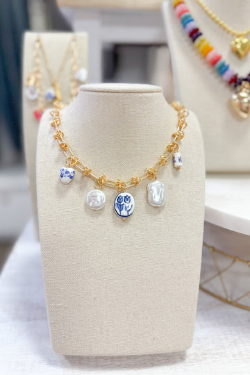 Blue & White Charm Necklace With Knotted Chain
