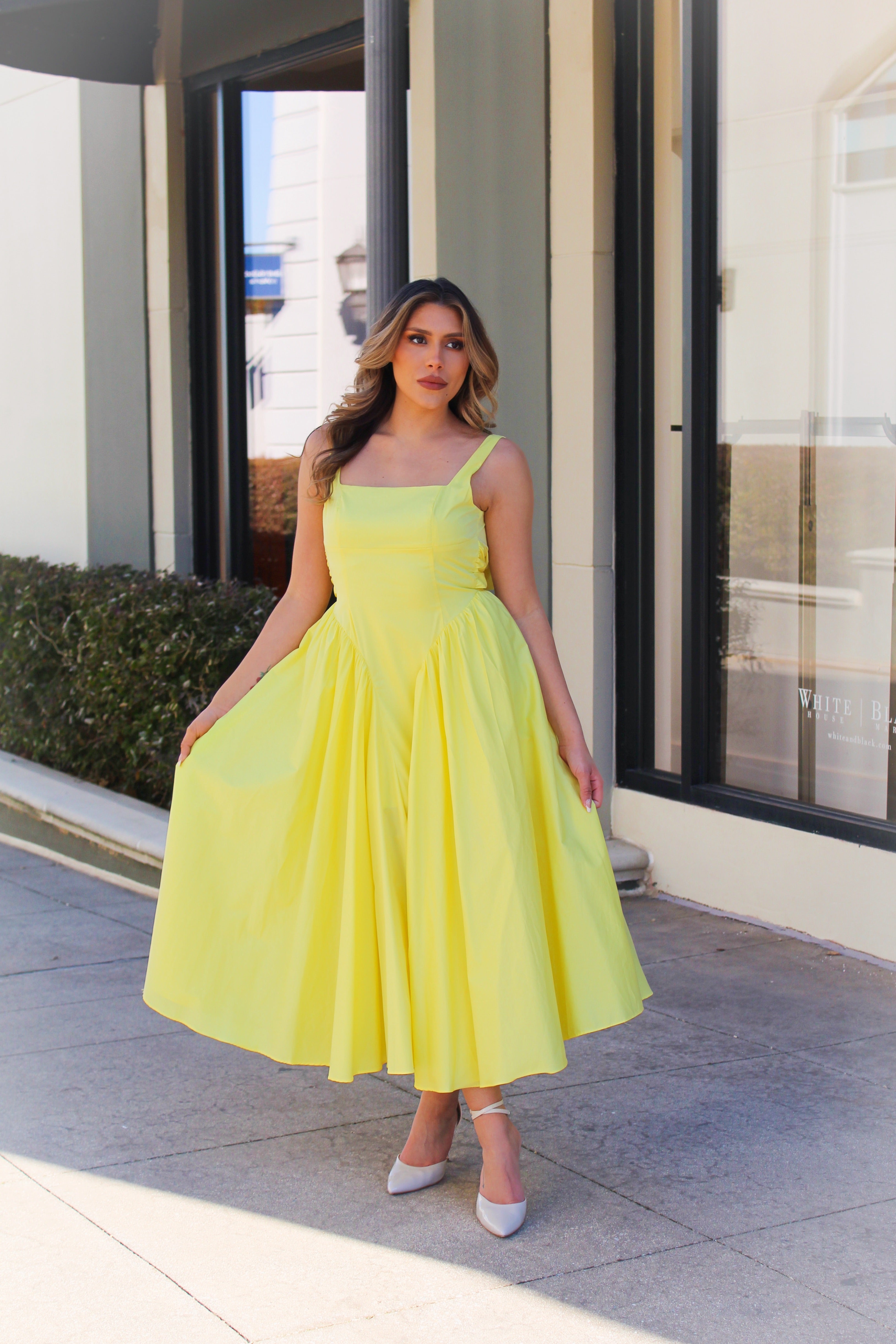 Yellow V Drop Waist Midi Dress