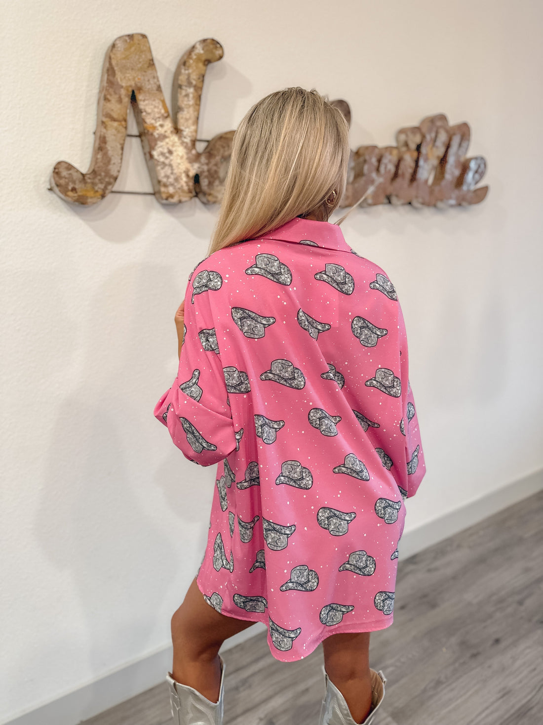 Hot Pink Disco Cowgirl Hat Button Down Shirt