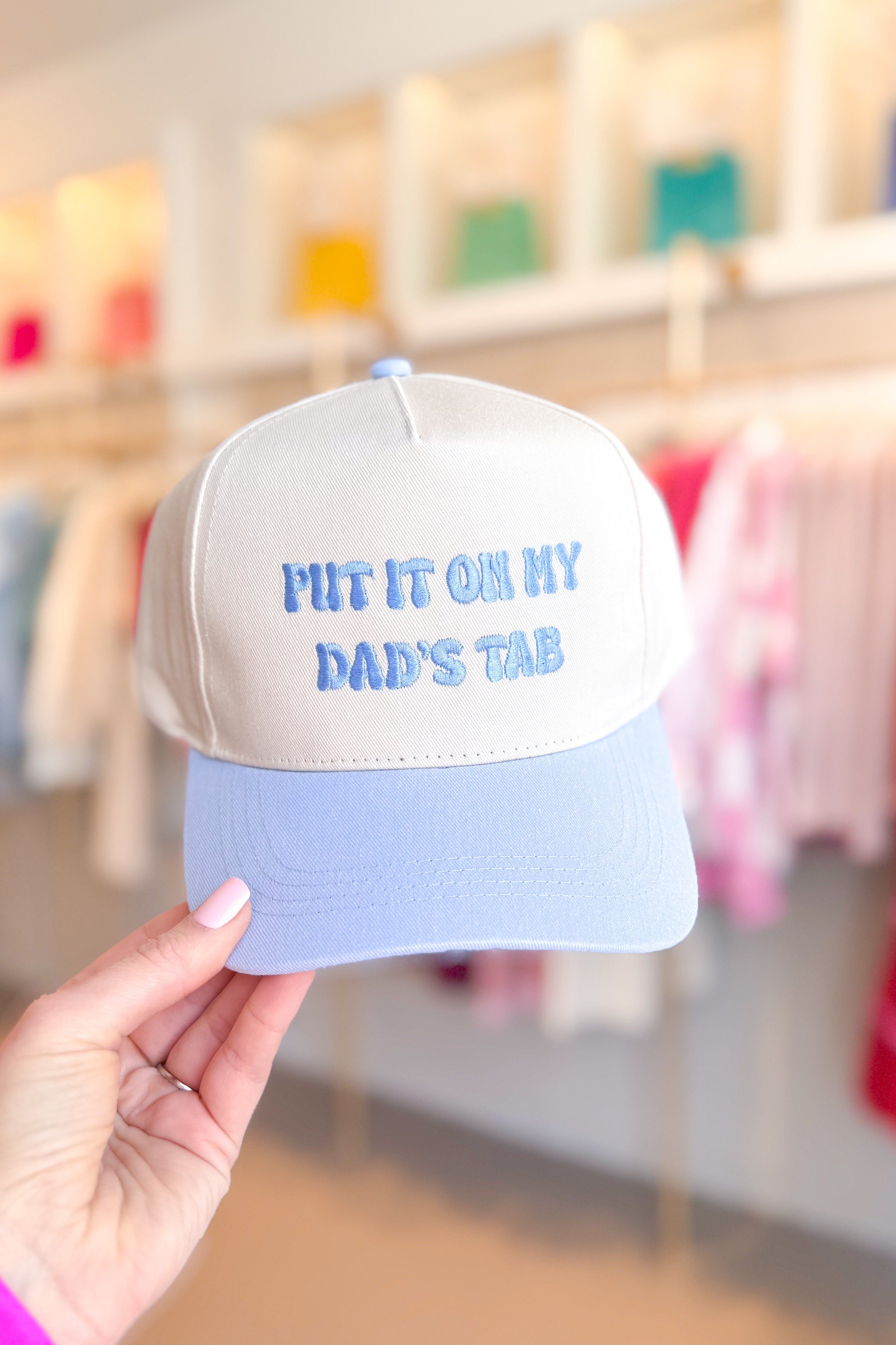 Powder Blue Put It On My Dad's Tab Embroidered Trucker Hat