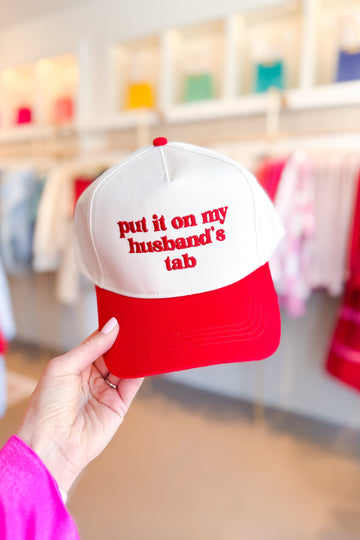 Red Put It On My Husbands Tab Embroidered Trucker Hat
