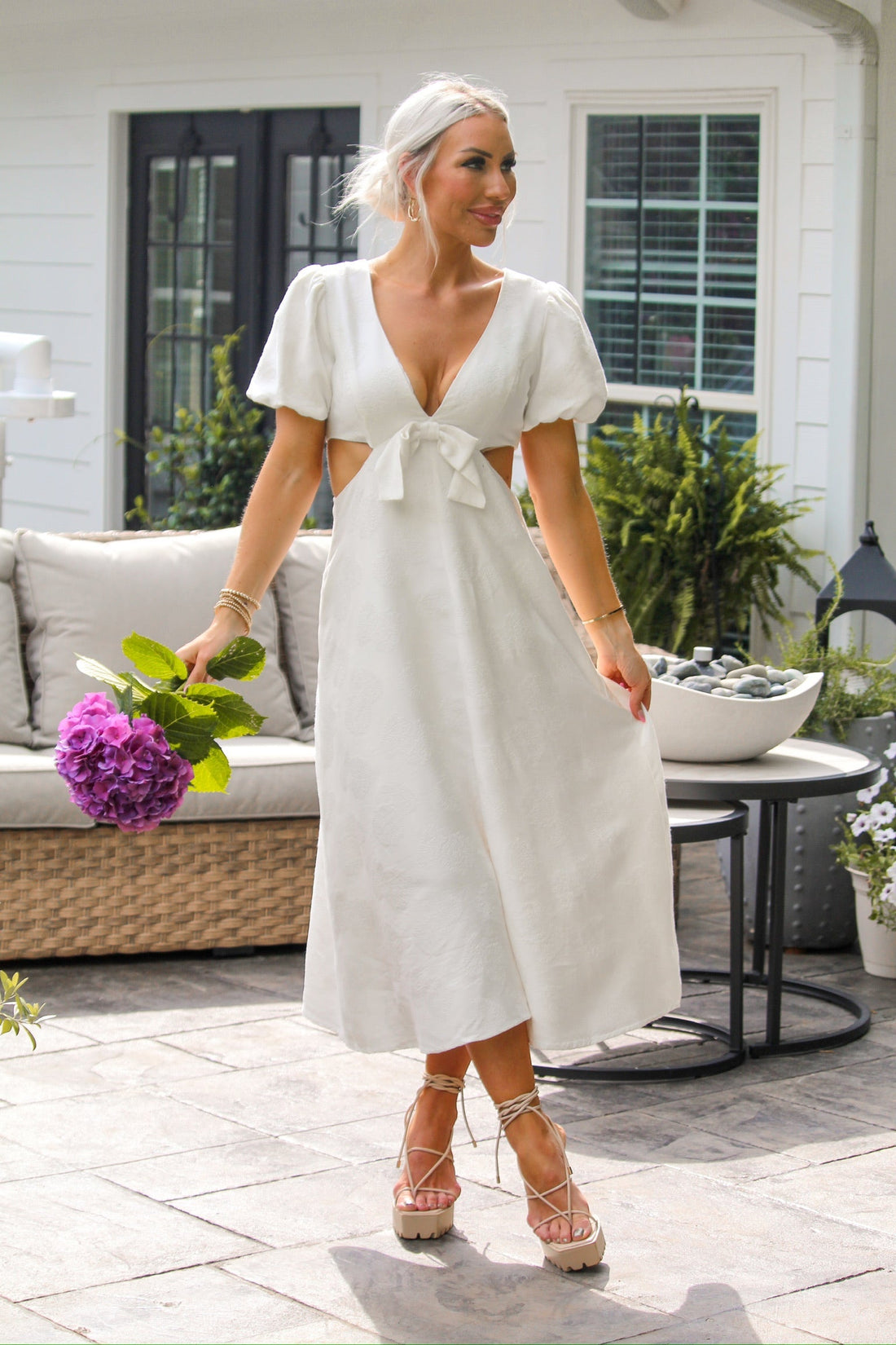 Floral Puff Sleeve Cut Out Midi Dress In White