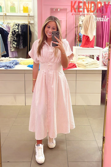Pink and White Striped Cinched Waist Midi Dress