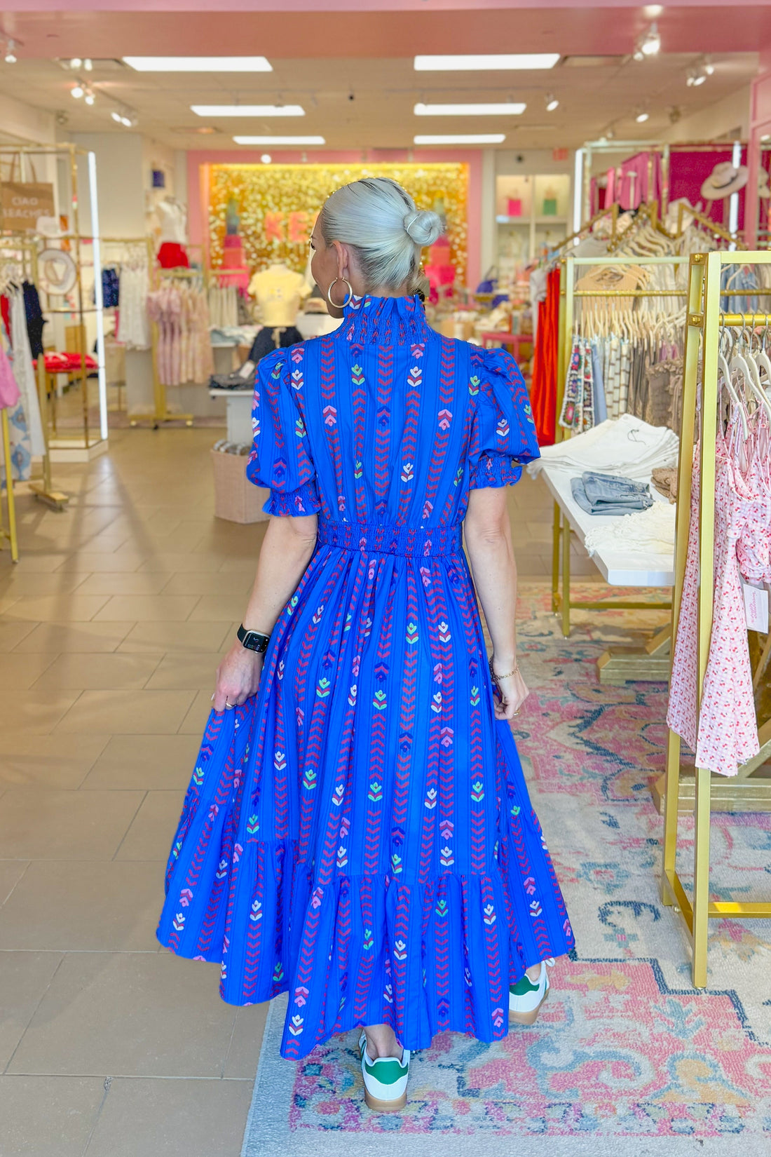 Blue Patterned Ruffle Neckline Maxi Dress