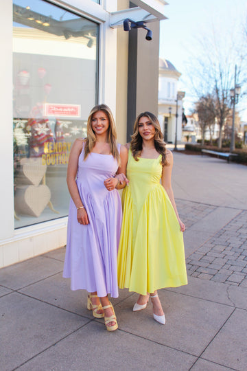 Purple V Drop Waist Midi Dress