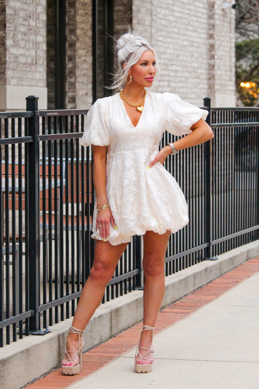 Cream Floral Bubble Hem Mini Dress