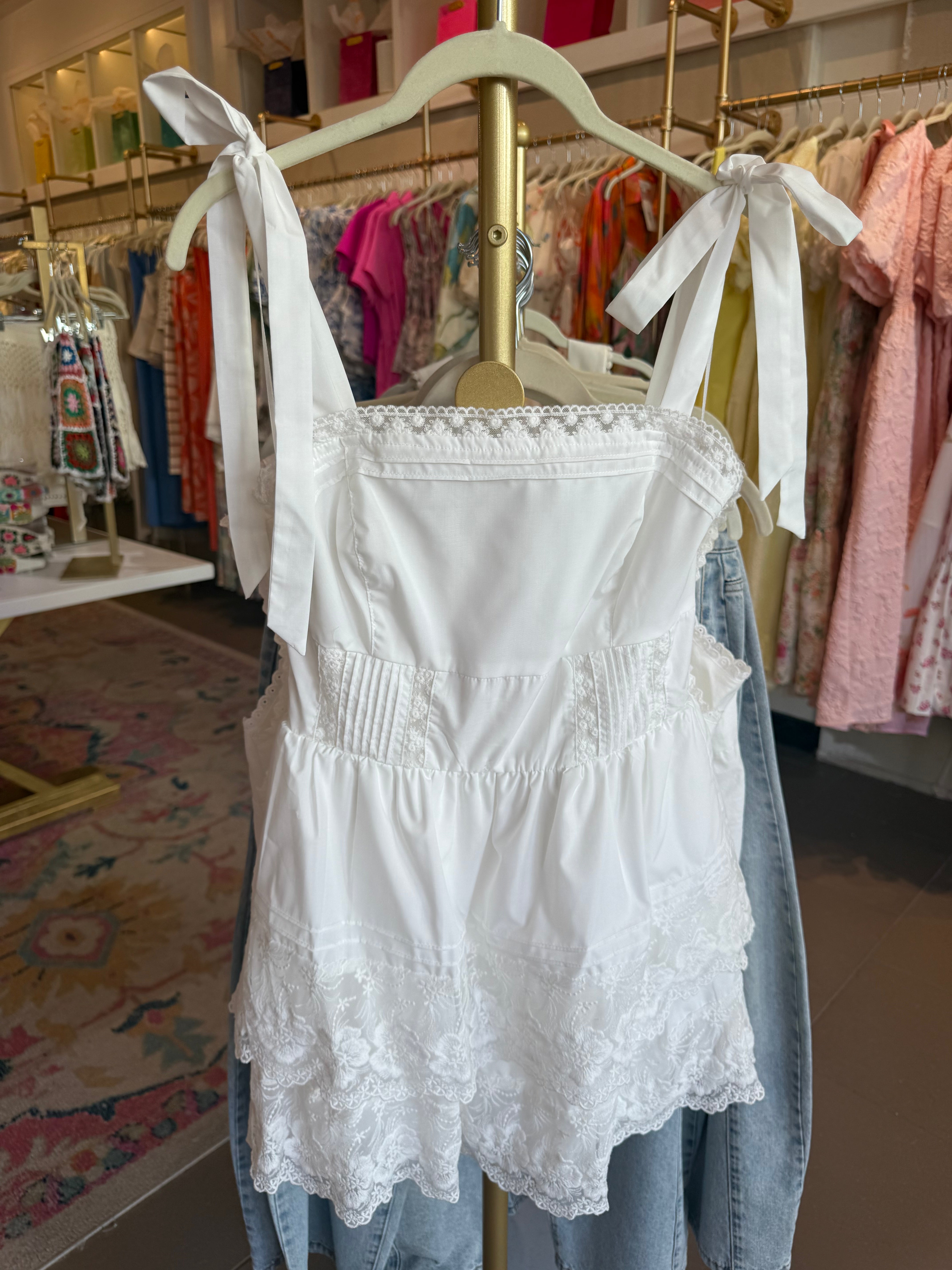 White Shoulder Tie Mini Dress With Tiered Ruffles