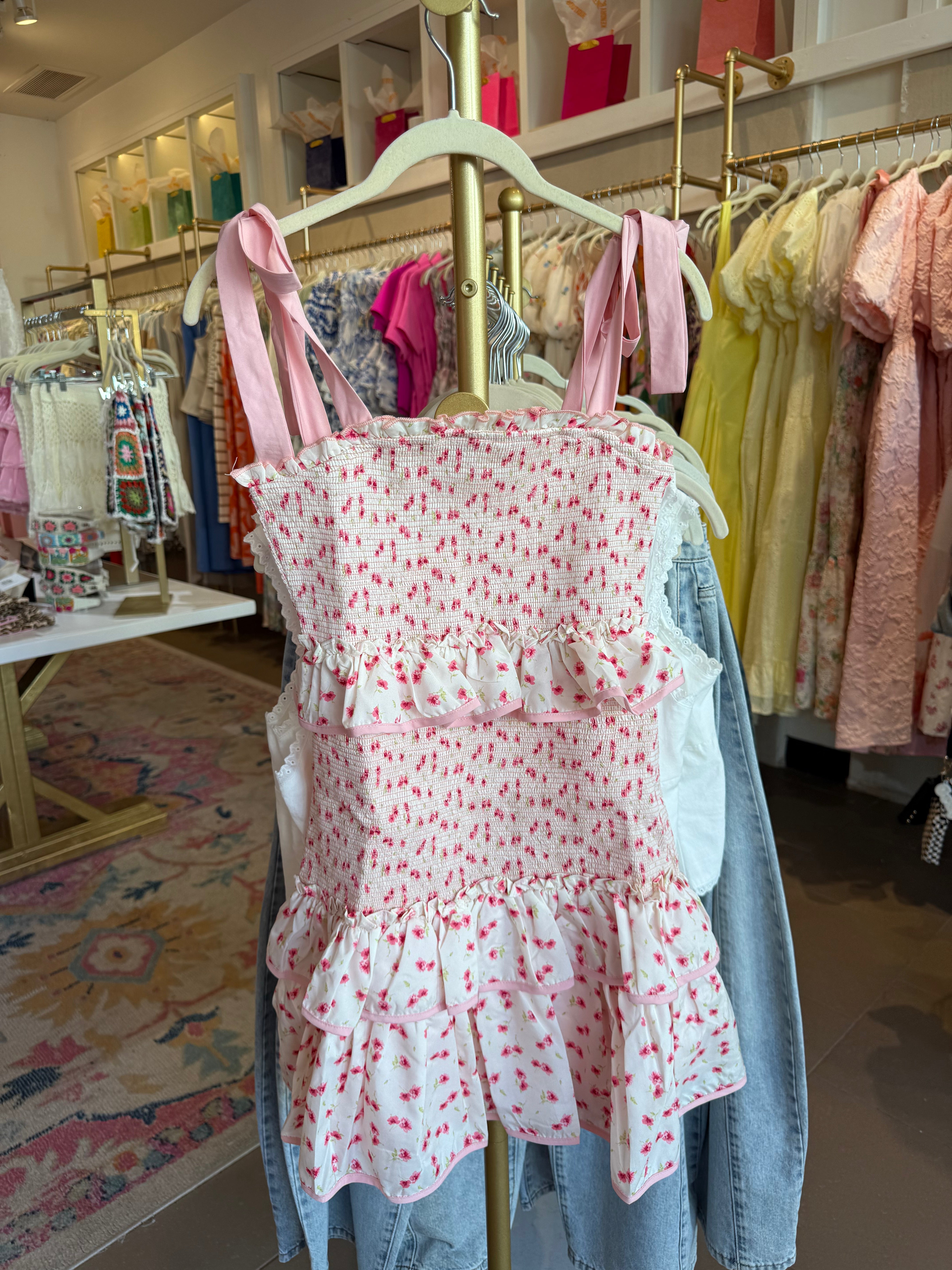 Pink Floral Smocked Mini Dress